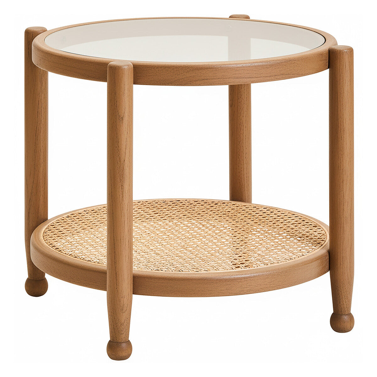 Grey Wash Elm Wood Side Table with Glass Top and Cane Shelf, Cebu