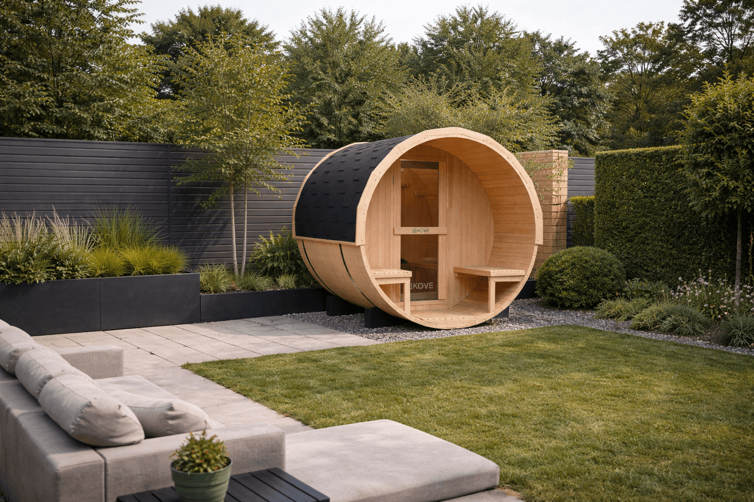 KOVE Outdoor Barrel Sauna – 1–2 Person Garden Sauna with 4.5kW Electric Heater