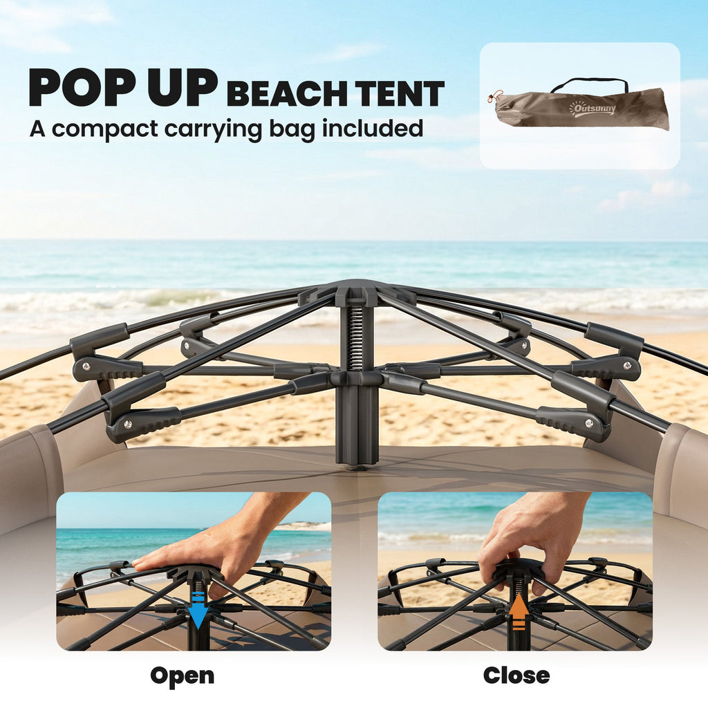 Outsunny 2-3 Person Pop Up Beach Tent, UPF15+ Sun Shelter with Extended Floor, Sandbags, Mesh Windows and Carry Bag, Brown